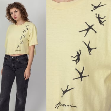 Vintage Hawaii Cliff Jumping Cropped Tee - One Size | 80s 90s Yellow Distressed Beach Graphic Tourist T Shirt 