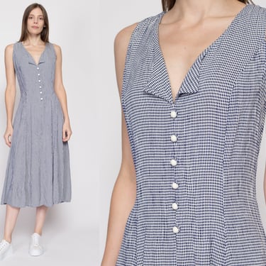 Sm-Med 80s Gingham Tie Back Midi Dress | Vintage Navy Blue & White Sleeveless Corset Tie Grunge Dress 