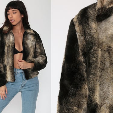 Y2K Faux Fur Coat Cropped Brown Fake Fur Jacket Vegan Vintage 00s Bohemian Jacket Boho Furry Glam Rock Fuzzy Zip Up Bohemian Winter Medium 