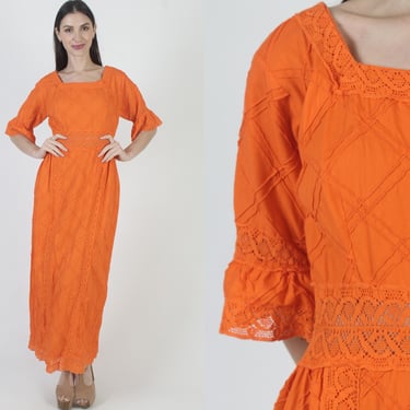 Orange Mexican Dress, Crochet Bell Sleeves, Authentic South American, Pintuck Cotton Maxi 