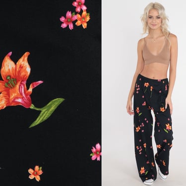 Floral Bell Bottom Pants 70s Bellbottoms Black Pink Flower Print Hippie Trousers Flared Leg Ultra High Waisted Vintage 1970s Small Medium 