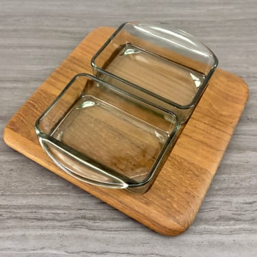 Vintage Mid Century Modern Digsmed 1960s Teak Wood Tray with 2 Glass Inserts 