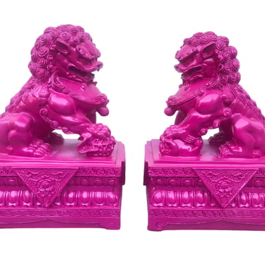 9.5” Vintage Pink Foo Dogs | Male & Female Set | Large Shishi Lion Figurines | Chinoiserie Protection Statues 