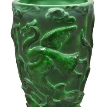 Vintage Art Deco Green Glass "Malachite" Bird and Fish Vessel Vase