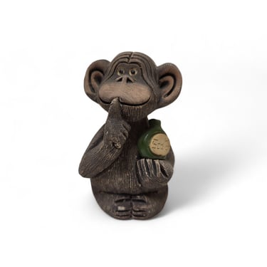 Vintage Monkey w/ Scotch Bottle Figurine, Drinking Chimpanzee, #46 Artesania Rinconada, Handmade, Retired, Ceramic Chimp Ape Sculpture 