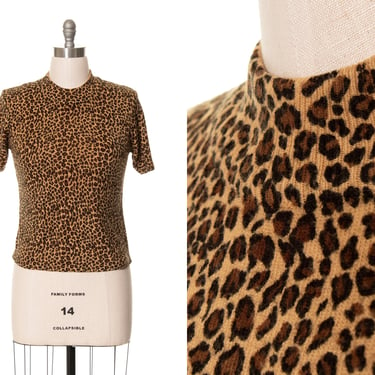 Vintage 1980s Sweater Top | 80s Leopard Animal Print Knit Angora Wool Fuzzy Short Sleeve Pullover Sweater (medium/large) 