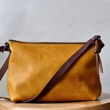 Leather Crossbody Day Bag, Mustard Yellow Bison