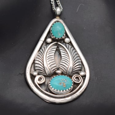 Vintage Southwestern sterling turquoise leaves pendant, M Ashley 925 silver blue stone serpentine chain necklace 
