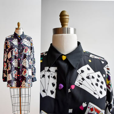1980s Deck Of Cards Print Blouse 