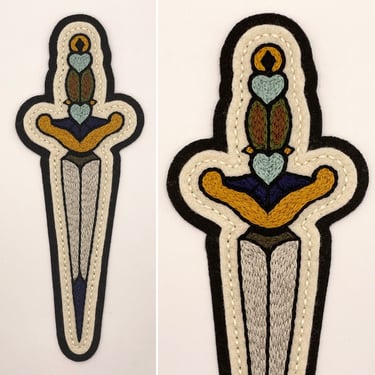Handmade / hand embroidered black & off white felt patch - multi-colored pointy dagger with hearts detail - traditional tattoo flash 