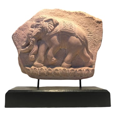 Burmese/Thai Sandstone Elephant Sculpture | Handmade Relief Carved Elephant Stone Block on Wood & Metal Display Stand 