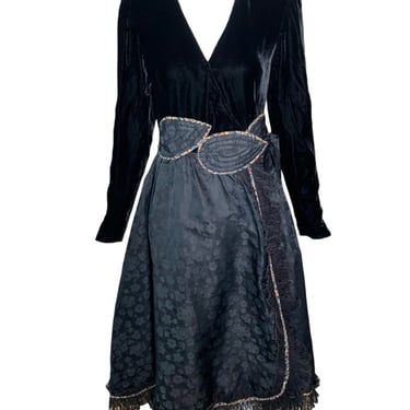 1980's Black Velvet & Quilted Taffeta Wrap Dress