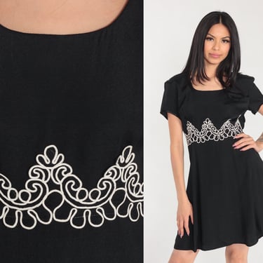 Black Party Dress 90s Soutache Trim Mini Dress Short Sleeve Shift Retro Gothic Glam Simple Evening Goth Lacy Formal Vintage 1990s Medium M 