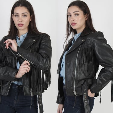 Black Leather Fringe Jacket / Womens Cropped Asym Zipper Motorcycle Jacket / Vintage 80s Lady Biker Zip Moto Punk Jacket 