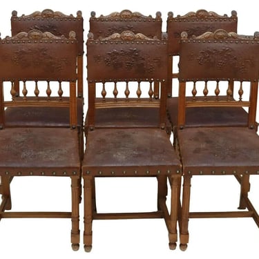 Antique Chairs, Dining, Leather, (6) French Henri II Style, Walnut, 1800s!!