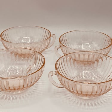 Vintage set of four  Salmon Pink Trinket Dish Serving or candy Bowls  Ribbed Design with handles 