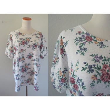 Vintage Floral Print Tee 90s Soft Cotton Blend Short Sleeve Top Size Large 