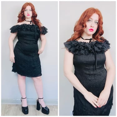 Y2K My Pretty Angel Ruffled Off Shoulder Dress / Vintage Black Pleated Crinkle Goth Mini Dress / Size Large 