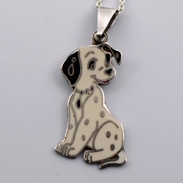 90's sterling enamel dalmation dog pendant, whimsical 925 silver spotted puppy rolo chain necklace 
