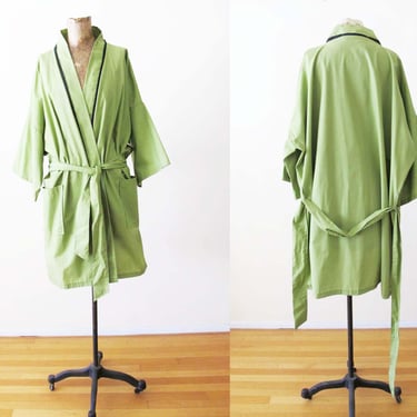 Vintage 60s Spring Green Cotton Robe - Unisex 1960s Solid Color Lounge Pool Cabana Short Robe - 1960s Clothing - Getting Ready Robe 