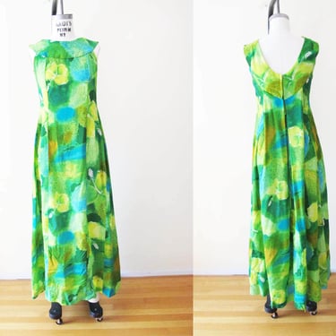 Vintage 60s Hawaiian Bright Green Floral Maxi Dress S - 1960s Hibiscus Tropical Sleeveless Floor Length Sundress - Tiki 