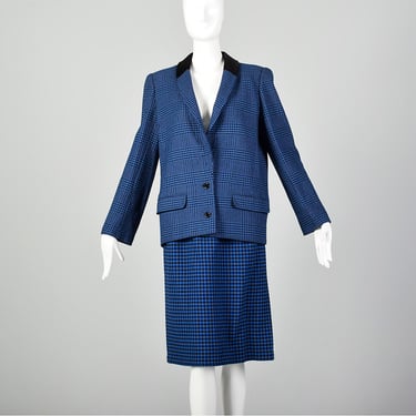Medium Valentino Boutique Blue Skirt Suit Black Houndstooth Plaid Matching Wool Blazer Jacket 