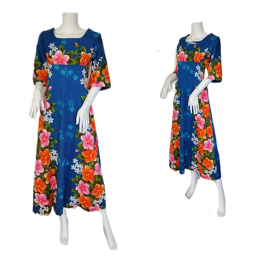 Hawaiian Ui-Maikai 1960's Blue Orange Cotton Hibiscus Floral Print Maxi Dress Muumuu I Sz Med 