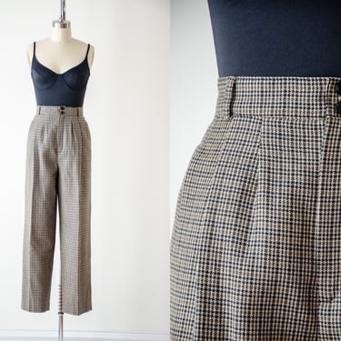 high waisted pants | 90s vintage Alanni beige tan black houndstooth plaid wool dark academia style cropped ankle trousers 