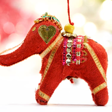 VINTAGE: India Folk Art Fabric Elephant Ornament - Red Elephant - Colorful Dangle - Handmade - Good Luck - SKU 
