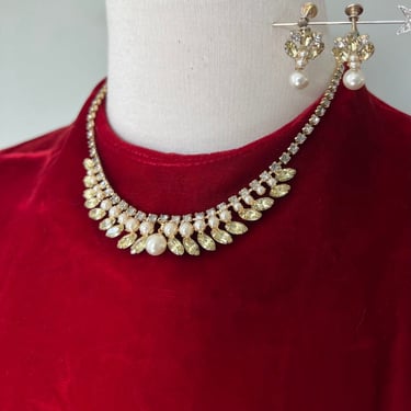 1950s Vintage Mid-Century Modern Necklace + Earrings Pearls & Yellow Rhinestones 
