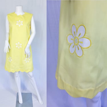 1960's Scalloped Hem Yellow Ebroidered Daisy Shift Dress I House Dress I Sz Med I Lady Madeira 