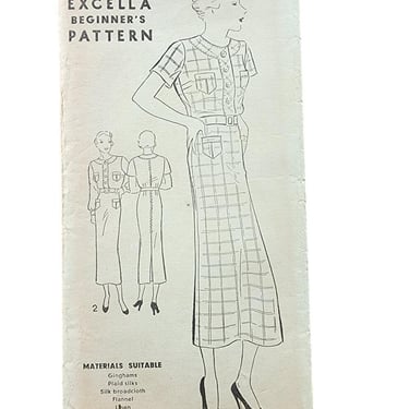 Vintage 30s Sewing Pattern: Button Front Dress Excella Pattern 4889 Bust 36 