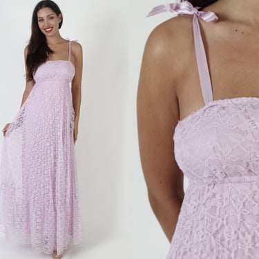 All Over Lace Shoulder Tie Wedding Dress, Vintage 1970s Long Violet High Waist Bridal Gown 