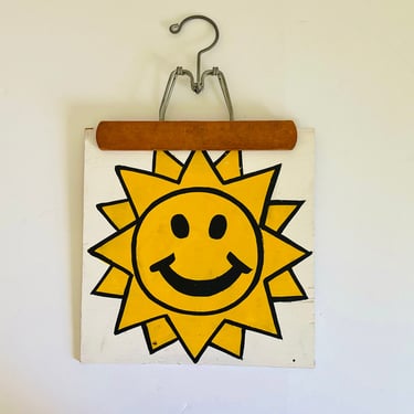 Vintage 1970s Retro Smiley Face Sun Sunshine Painting on Board with Hanger Folk Art 