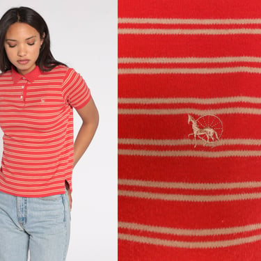 Striped Shirt Polo 80s 90s Red Horse Crest Collared T Shirt 1990s Normcore Collar Vintage Retro Half Button Up Shirt Preppy Tan Small S 