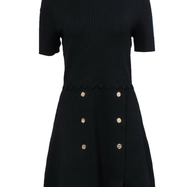 Sandro - Black Knit Fit & Flare Dress w/ Gold-Toned Button Details Sz 10
