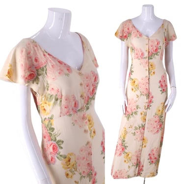 90s BETSEY JOHNSON floral print rayon Dress L, vintage 1990s cream sun dress 
