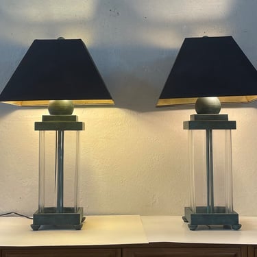 Table Lamps | Faux Brass Patina and Glass | vintage lighting in the style of Frank Lloyd Wright | set of 2 