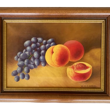 Still life oil painting of fruit in wood frame. Antique canvas signed 1800s original art for modern farmhouse decor. 