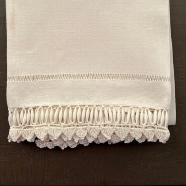 Irish linen with crochet and coronation cord faint spots 