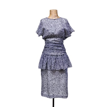 Vintage 1980s does 1940s Retro Floral Peplum Dress, Navy and White Rayon Chiffon Ruched Waist Day to Night Frock, Small, VFG 