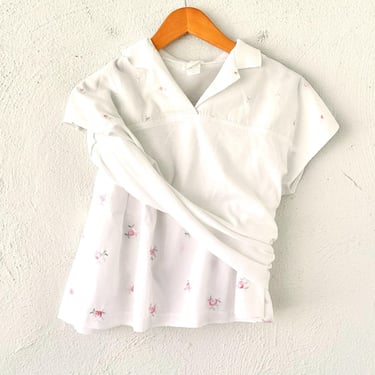 Vintage 70s 80s Embroidered Rosette Mini Skirt Shirt 1970s 1980s White Tennis Outfit Set Boho Preppy Pink Floral 2 Piece Dress Set 