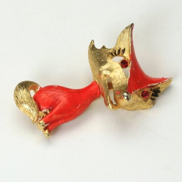 Vintage Enamel Red & Gold Fox Pin Brooch Signed JJ Jonette Cute Animal Jewelry 