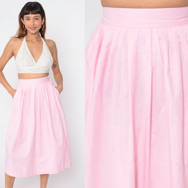 Baby Pink Midi Skirt 80s Gathered Skirt High Waisted Retro Simple Plain Pocket Skirt Pleated Simple Vintage 1980s Small 
