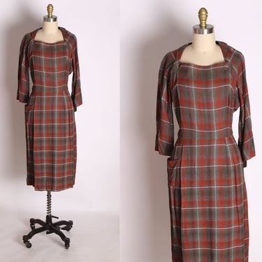 1940s Red and Gray Plaid 3/4 Length Sleeve Shrug Pencil Wool Holiday Dress -S 