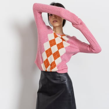 WOOL ARGYLE SWEATER Vintage Jumper Pullover Pink Orange Woman Y2K 2000's Fall Winter / Small 