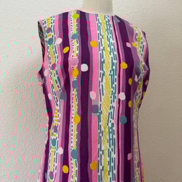 Vintage 60s Mod Micro Mini Dress with Atomic Space Age Neon Print; 60s Bright Purple and Pink Shift Dress with Psychedelic Polka Dot Print L 