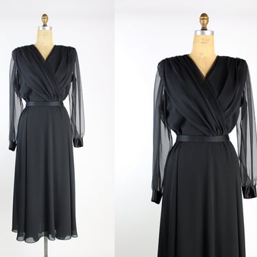 70s Ursula of Switzerland Black Dress / Sheer Sleeves / LBD / 70s Flowy Dress / Size M/L 