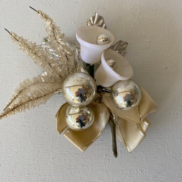 Vintage Christmas/Wedding Corsage, White And Silver Glass Balls, Wedding Bells, Silver Leaves, Made In Japan 