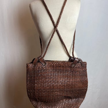 Vintage J Peterman co Huge braided leather cross body bag/ travel all tote~ extra large excellent woven boho purse 